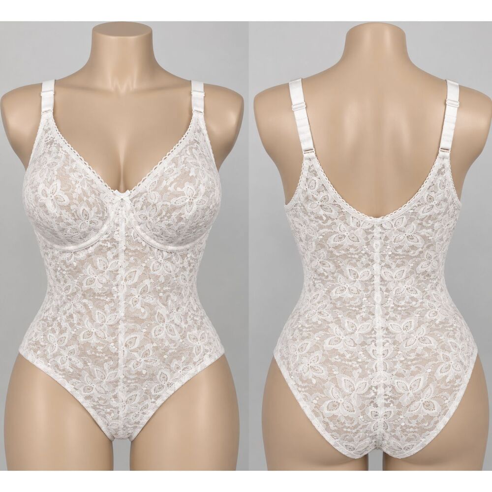 Vintage Bali 38DD White Floral Lace Underwire Body Briefer Bodysuit Shapewear